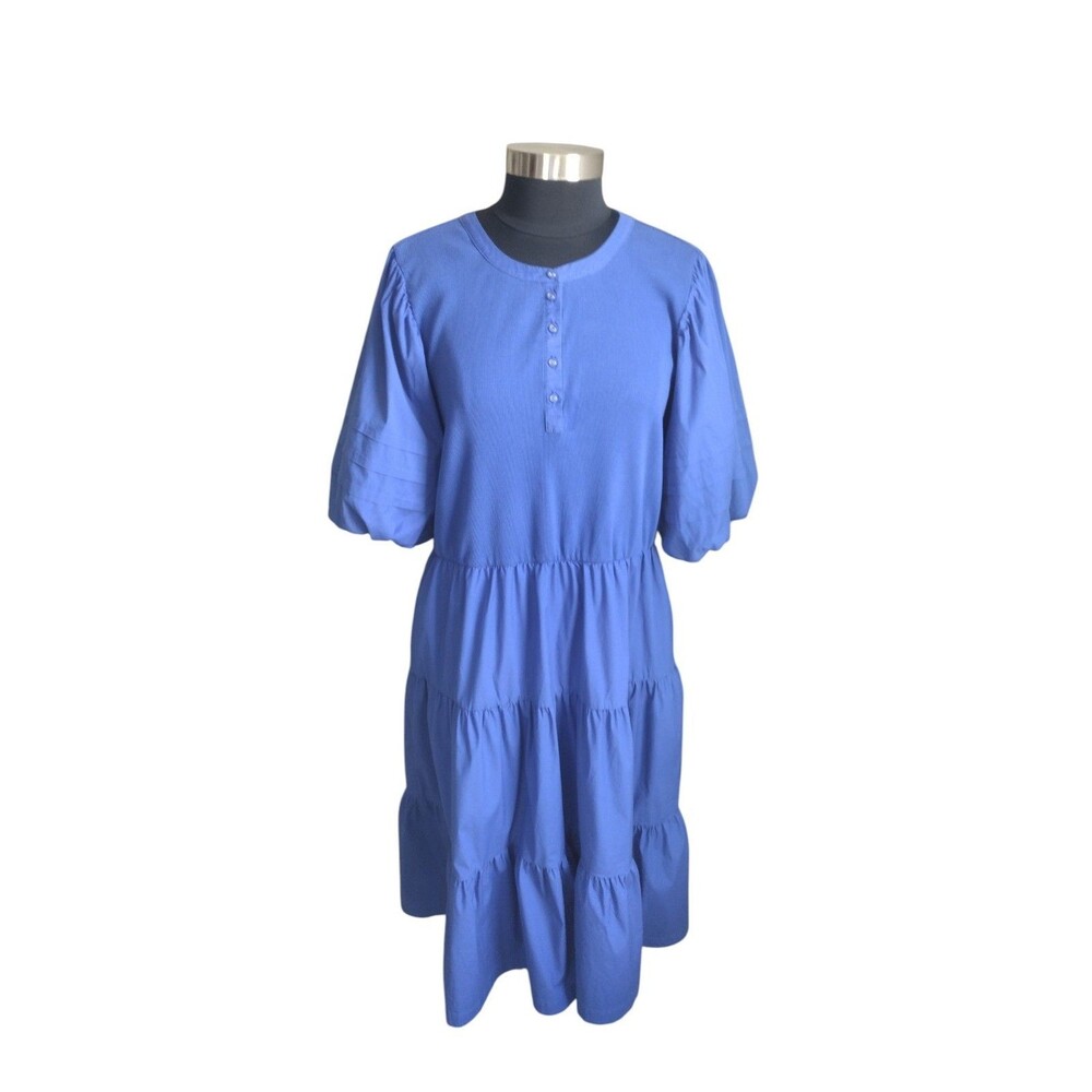 Chico’s Blue Ribbed Knit Henley Tiered Midi Dress Womens Size 3 (XL/16) Cotton